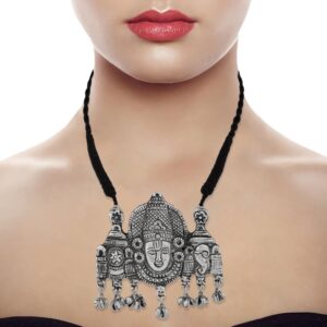 Oxidized Silver Plated Balaji Temple Necklace Set with Stud Earrings for Women