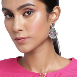 Oxidized Silver Plated Studded Filigree Peacock Dangle Earrings for Women