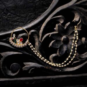 Paachi Kundan Peacock Nose Ring with Pearl Layered Chain for Women