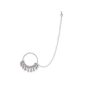 Paachi Kundan Silver Nose Ring with Pearl Chain for Women
