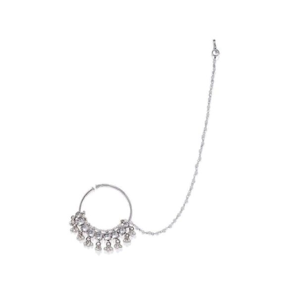 Jadau/Paachi Kundan Silver Nose Ring With Chain- NR0219SR75S