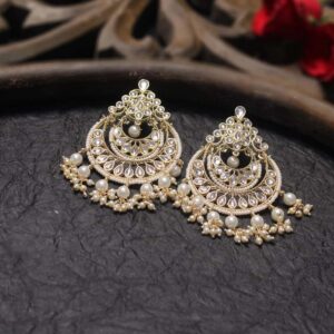 Pearl Brass and Kundan Chand Bali Earrings for Women & Girls