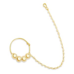 Pearls and Kundan Embellished Statement Nose Ring with Pearl Chain for Women