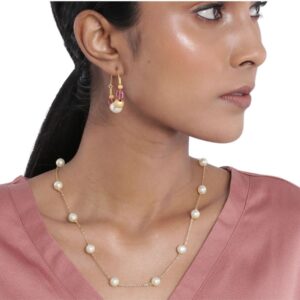 Pearls Embellished Contemporary Long Chain Necklace with Hoop Earrings for Women