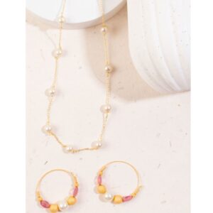 Pearls Embellished Contemporary Long Chain Necklace with Hoop Earrings for Women