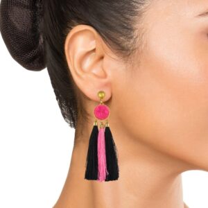 Pink Druzy with Black and pink Tassel earrings