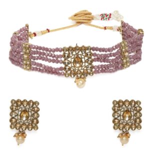 Traditional Gold Plated Purple Beads Studded Square Shape Choker Necklace Set for Women