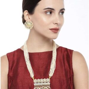 Rajewadi Inspired Traditional Kundan Long Necklace Set Embellished with Pearls for Women