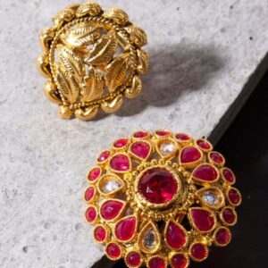 Rajwadi Inspired Gold Finish Adjustable Finger Ring Combo Set of 2 for Women