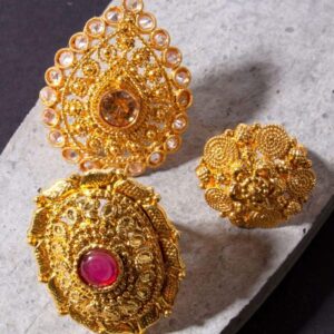Rajwadi Inspired Gold Finish Adjustable Finger Ring Combo Set of 3 for Women