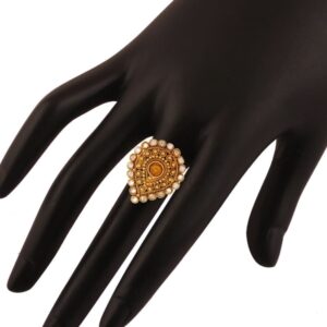 Rajwadi Inspired Gold Finish Studded Carved and Peacock Finger Ring Combo with Adjustable Bands Set of 3 for Women