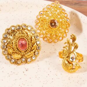 Rajwadi Inspired Gold Finish Studded Carved and Peacock Finger Ring Combo with Adjustable Bands Set of 3 for Women