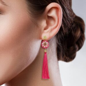 Gold Plated Rani Pink Monotone Beads Tassel Earrings for Women and girls