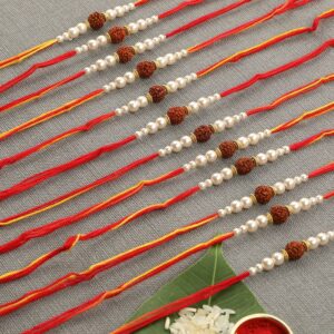 Religious Delicate Rudraksh Rakhi with Pearls Pack of 12 for Brother & Gifting