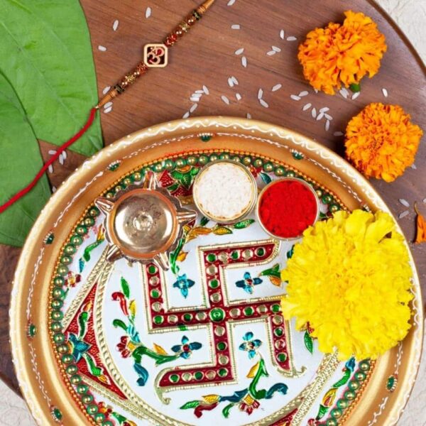 Religious Om Rakhi with Multicolour Beads & Greeting Card