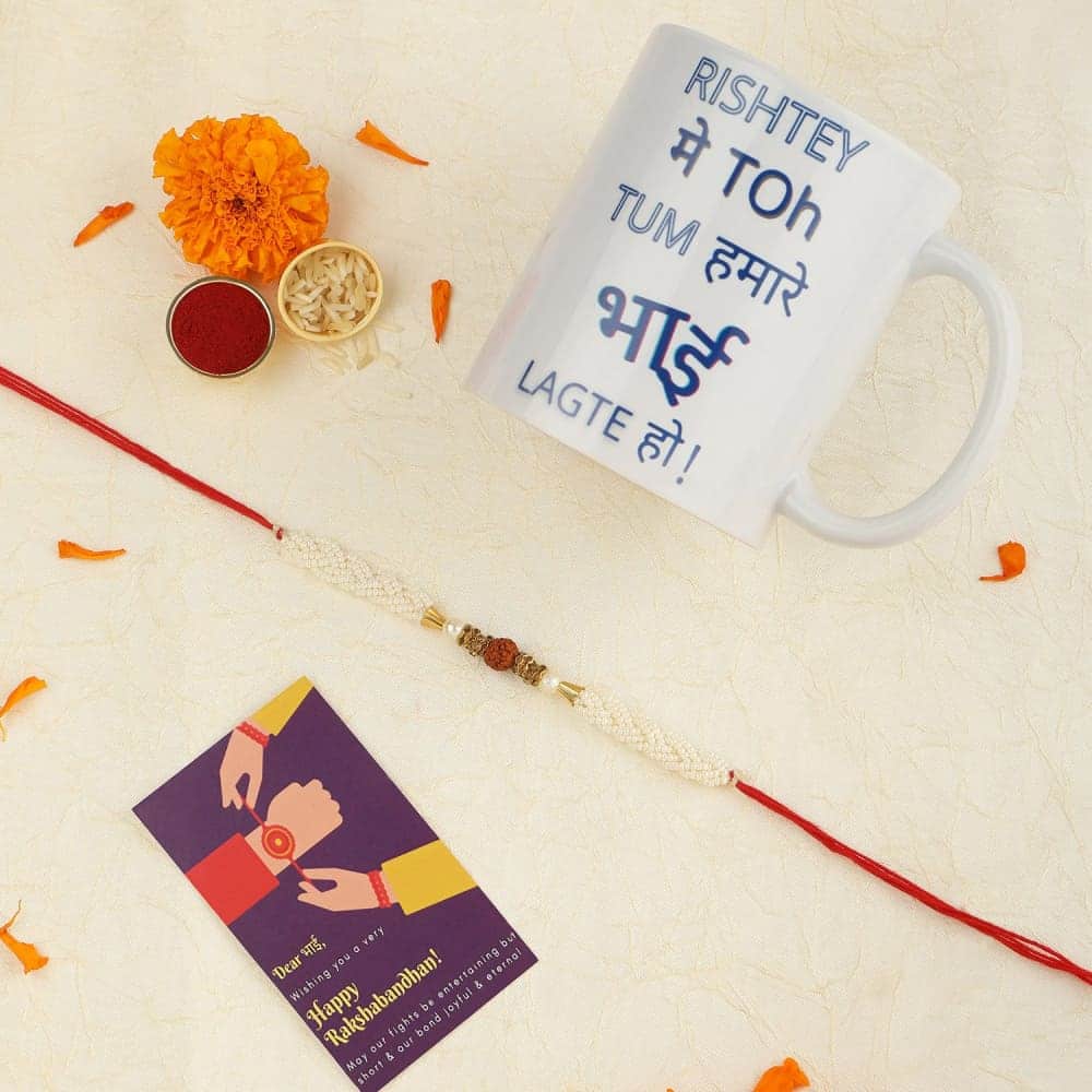 Religious Rudraksh Rakhi with Tiny Pearls & Greeting Card
