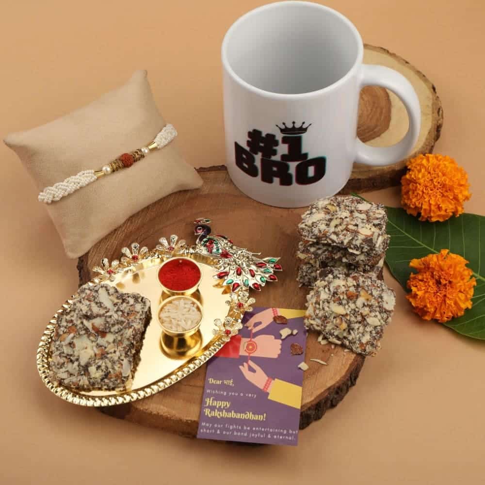 Religious Rudraksh Rakhi with Tiny Pearls & Greeting Card