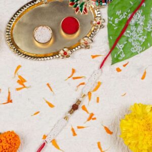 Religious Rudraksh Rakhi with Tiny Pearls & Greeting Card for Brother & Gifting