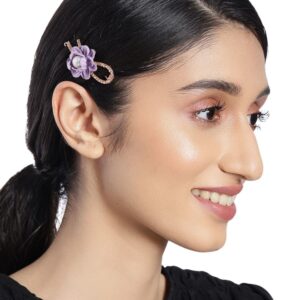 Rhinestones Studded Artificial Purple Rose Hair Tic Tac Pin for Women