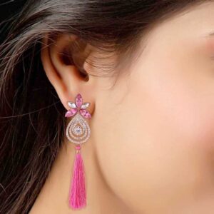 Rhinestones Studded Pink Tassels Dangle Earrings for Women