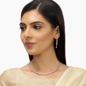 Rose Gold American Diamond & Pink Gemstone Studded Handcrafted Choker Necklace Set for Women