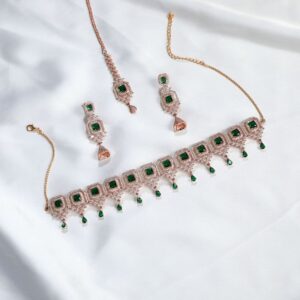 Rose Gold Plated American Diamond & Green Gemstone Studded Choker Necklace Set for Women