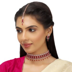 Rose Gold Plated American Diamond & Pink Gemstone Studded Choker Necklace Set for Women