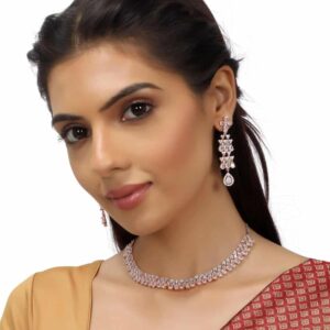 Rose Gold Plated American Diamond Studded Handcrafted Choker Necklace Set for Women