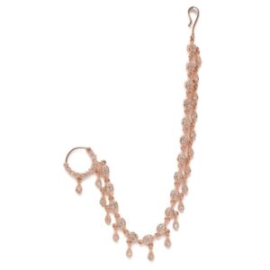 Rose Gold Plated American Diamond Studded Nose Ring with Chain for Women