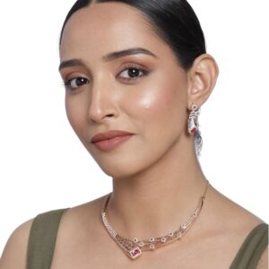Rose Gold Plated Contemporary Ruby American Diamond Studded Necklace Set for Women                                                                                             Studded Necklace Set for Women