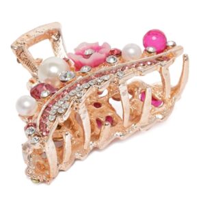 Rose Gold Plated Designer Hair Clutcher/ Hair Claw Clip Embellished with Pearls and Stones for Women
