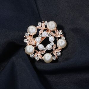 Rose Gold Plated Pearl & Rhinestone Studded Floral Wreath Brooch for Women & Men