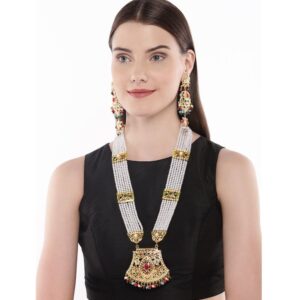 Royal Gold Plated Studded Jadau Long Necklace Set for Women