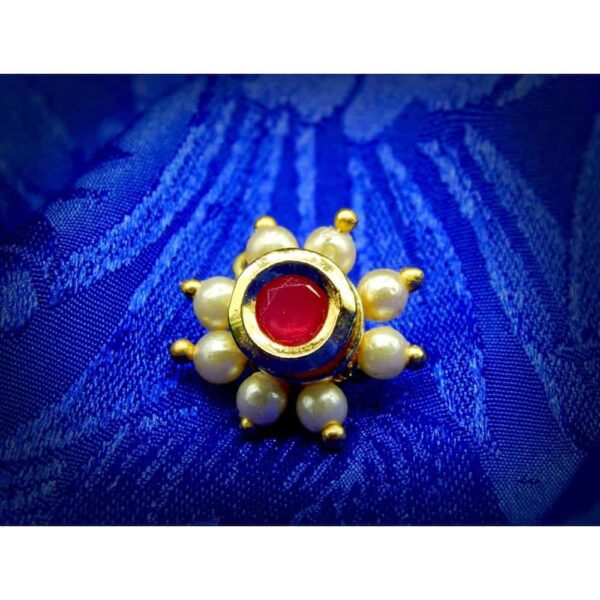 Accessher Ruby and Pearl Nose Pin Clip On Nose Ring Small