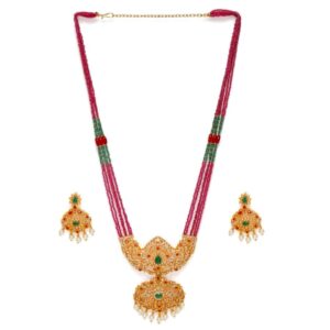 Ruby Matte Gold-Plated Polki Beaded Handcrafted Jewellery Set
