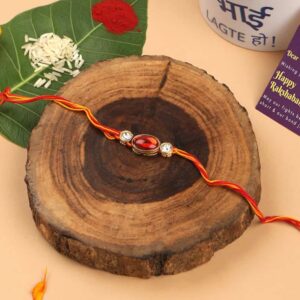 Ruby & Rhinestones Embellished Rakhi with Greeting Card for Brother & Gifting
