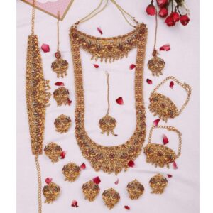 Set of 17 Ethnic Gold Plated Peacock Motif Filigree Bridal Jewellery Set with Necklaces, Earrings, Kamarbandh, Bajubandh, Maag Tika and Choti for Women