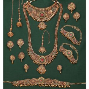 Set of 17 Gold Plated Ethnic Bridal Jewellery Set with Necklaces, Earrings, Kamarbandh, Bajubandh, Maang Tika and Choti for Women