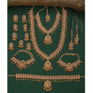 Set of 17  Gold Plated Ethnic Temple Lakshmi Mata Bridal Jewellery Set with Necklaces, Earrngs, Kamarbandh, Bajubandh, Maang Tika and Choti for Women