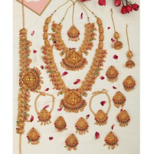 Set of 17 Gold Plated Ethnic Temple Lakshmi Mata Motif Bridal Jewellery Set with Necklaces, Earrings, Kamrbandh, Bajubandh, Maang Tika and Choti for Women