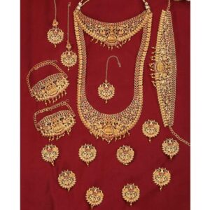 Set of 17 Gold Plated Ethnic Temple Lakshmi Mata Motif Bridal Jewellery Set with Necklaces, Earrings, Kamarbandh, Bajubandh, Maang Tika and Choti for Women