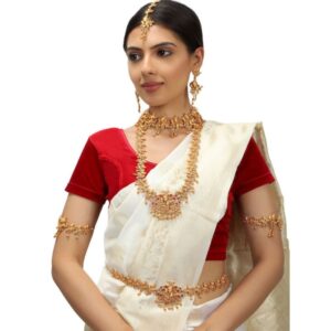 Set of 17 Gold Plated Temple Radha Krishna Motif Bridal Jewellery Set with necklaces, Earrings, Bajubandh, Kakmarbandh, Maang Tika and Chot for Women