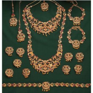Set of 17  Peacock Design Gold Plated Ethnic Bridal Jewellery Set with Necklaces, Earrings, Kamarbandh, Bajubandh, Maang Tika and Choti for Women