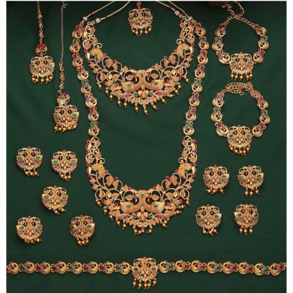 Set of 17 Peacock Design Gold Plated Ethnic Bridal Jewellery