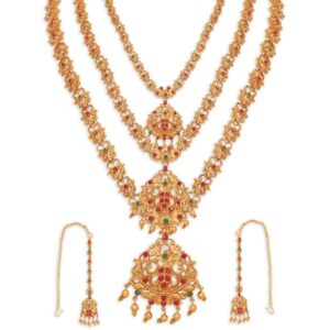Set of 18 Gold Plated Traditional Bridal Jewellery Set with Necklaces, Earrings, Kamarbandh, Bajubandh, Maang Tikka & Choti For Women
