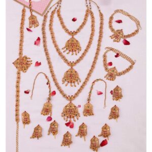 Set of 18 Gold Plated Traditional Bridal Jewellery Set with Necklaces, Earrings, Kamarbandh, Bajubandh, Maang Tikka & Choti For Women