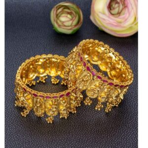 Set of 2 Gold Plated Indian Figures Bangles Studded with Ruby Stones for Women