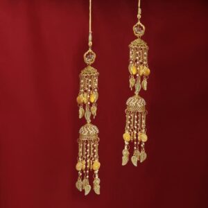 Set Of 2 Gold-Plated Jhumki Style Rhinestone & Pearl Studded Handcrafted Bridal Kaleeras for Women