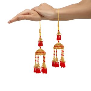 Set Of 2 Gold-Plated Jhumki Style Studded Bridal Kaleeras with Red Beads for Women
