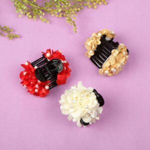 Set of 3 Multicolour Large Hair Clutchers with Artificial Flowers & Pearls for Women